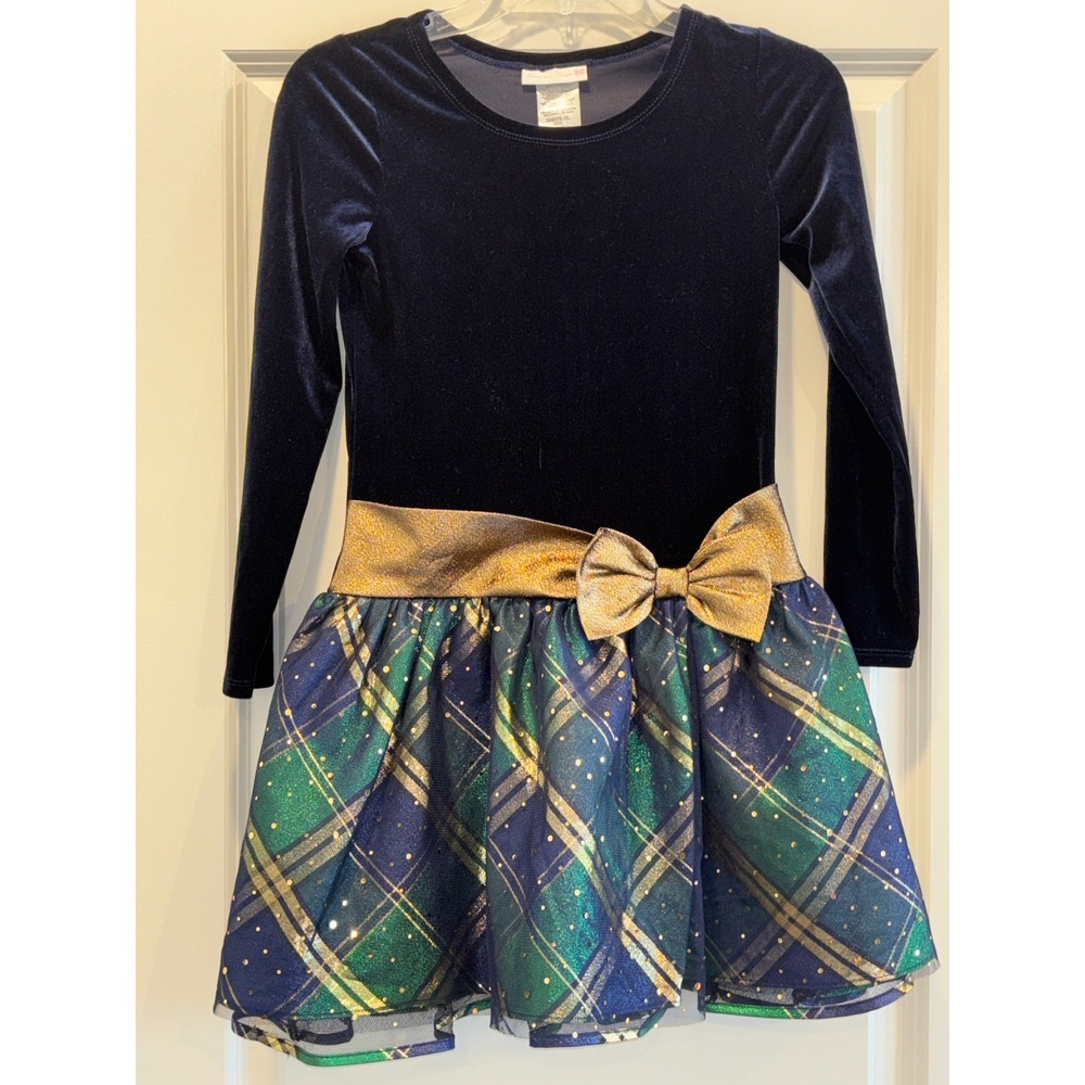 Bonnie‎ Jean Hipster Dress Girls 12 Navy Blue Velvet Plaid Sparkle Bow overlay